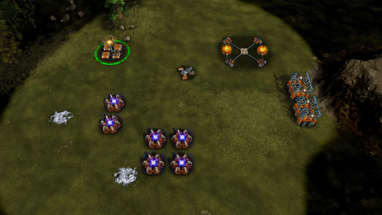 Placeholder: the opening build laid out in a base — converter, two fission plants, factory
