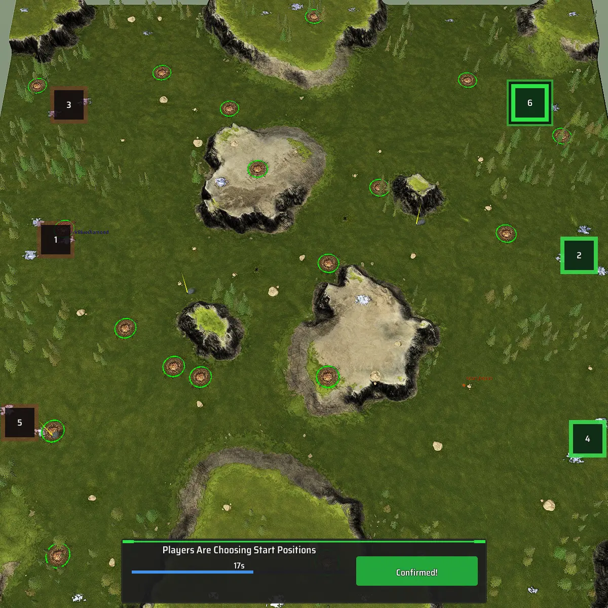 Placeholder: the start-position placement screen, resource locations and a geothermal vent visible