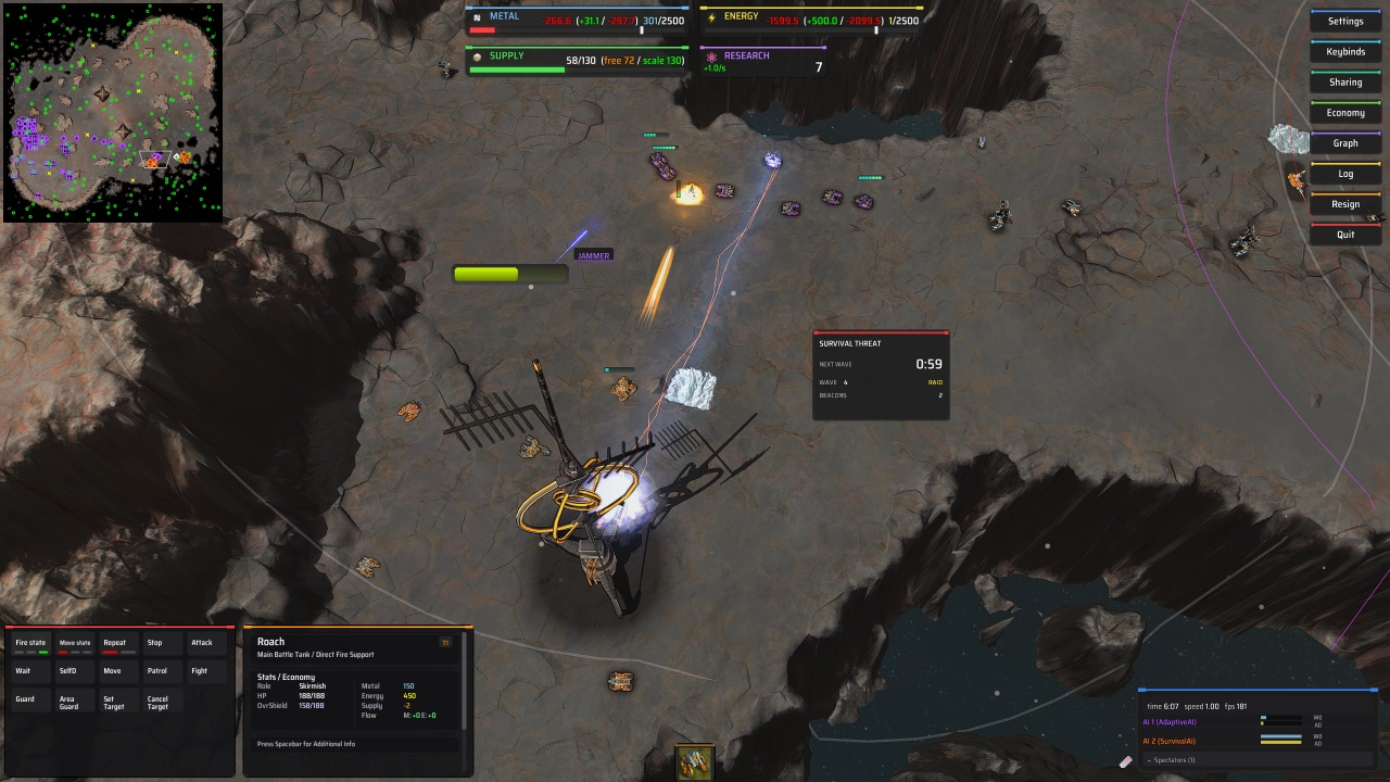 Placeholder: the survival panel showing wave timing and composition, with beacon labels on the map